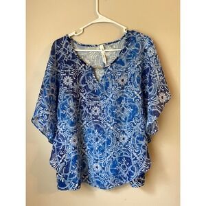 NY Collection Women's Blue White Medallion Print V Neck Kaftan Tunic XL Boho